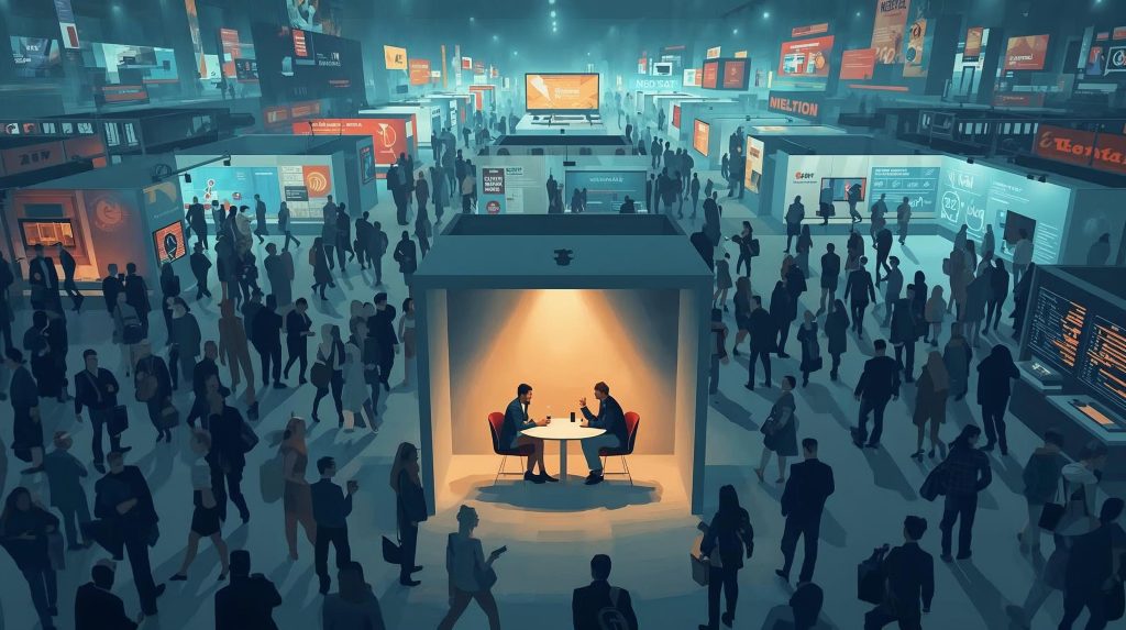 An illustrated, wide-angle view of a crowded trade show floor filled with booths, large digital screens, and attendees walking in all directions. In the center, a small, minimalist booth is warmly lit, highlighting two people sitting across from each other having a calm, focused conversation. The surrounding environment is cooler in tone and slightly blurred, emphasizing the quiet, personal connection at the heart of the scene.